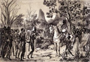 ピエール・トレモー（1818-95）の「東洋のスーダンと七部族のアフリカへの旅」から、ローランスが彫刻したニグロの酋長をセナリア王に紹介する儀式。 作： Pierre (after) Tremaux