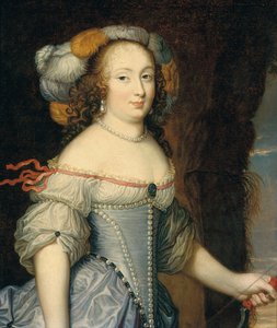 フランソワーズ・アンテネ・ド・ロシュシュアール・ド・モルテマール、モンテスパン侯爵 (1640-1707) の肖像画、半身像、ダイアナとして、羽毛の頭飾りを身に着け、左手に弓を持っている (キャンバスに油彩) 作： Pierre (circle of) Mignard