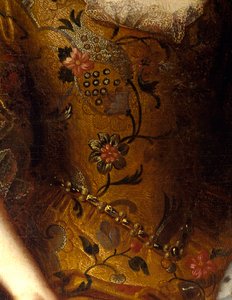 エリザベート・シャルロット・ドルレアン（1676-1744）の肖像 ロレーヌ公爵夫人、パラティーヌ家の娘 真珠のベルトと花の刺繍が施されたドレスのディテール。工房の絵画 Pierre Gobert (1662-1744) 1698年 薄さ1.4x1.11 m Versailles, musee 作： Pierre (studio of) Gobert