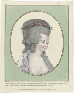 髪型、プーフ、帽子、ボンネット: 11 種類の髪型と頭飾り Gallerie des Modes et Costumes Français、1781、oo 218: Coëffure nouvelle le front (...) 作： Pierre Adrien Le Beau