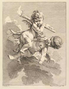 2 人のキューピッド、1 人は松明を持ち、もう 1 人は弓を持っています。1727-60 年。 作： Pierre Alexandre Aveline