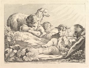 18世紀の3人の羊を持つ2人の眠っている子供。 作： Pierre Alexandre Aveline