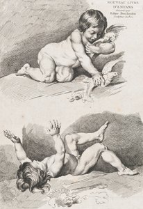 葉っぱで遊んでいる 2 人の裸の子供、New Book of Children、1720-60 より。