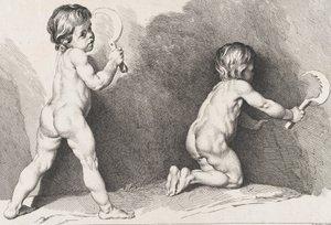 立っている 2 人の裸の子供、New Book of Children、1720-60 年。 作： Pierre Alexandre Aveline