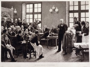 1887年、サルペトリエールで行われたシャルコー博士の臨床講義。ジャン・マルタン・シャルコー教授の学科の学生たちが、彼の患者であり、ヒステリーの研究のためのモルモットであったブランシュ・ウィットマンの症例を説明する。ジャン・マルタン・シャルコー教授の助手を務めていた 作： Pierre Andre (after) Brouillet