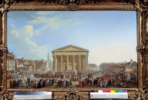 1764年9月6日、パンテオンの近くで行われた新しいサン・ジュヌヴィエーヴ教会の最初の石を据える儀式 絵画：ピエール・デマシー（1723-1807） 1765年。薄暗い。81 x 1,29 m パリ、カルナヴァレ美術館 - 聖ジュヌヴィエーヴ新教会の最初の石を置く儀式