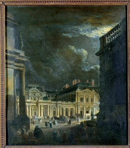 月明かりに照らされたパリのパレ・ロワイヤル広場 Pierre Demachy (1723-1807) の絵画 18世紀 日。0,39x0,34 m パリ、カルナヴァレ博物館 作： Pierre Antoine Demachy