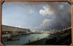 ポン・ロワイヤルから見たルーヴル美術館とシテ島の眺め 絵画：ピエール・デマシー（1723-1807） 1778年 日0,49x0,77m。 作： Pierre Antoine Demachy