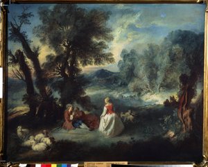 「田園情景」 羊飼い同士の誘惑の情景。 ピエール アントワーヌ キラール (1701-1733) の絵画 1730 年頃 プーシキン美術館、モスクワ 作： Pierre Antoine Quillard