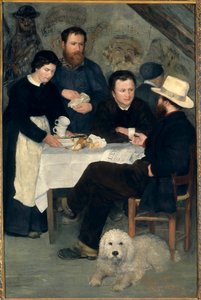 Chez la Mere Antony a Marlotte (Bourron-Marlotte (77))。クロード・モネ、アルフレッド・シスレー、シャルル・ル・クールが「アントニー夫人のいる食卓」を囲んでいる様子、ピエール・オーギュスト・ルノワール（1841-1919）の絵画 作： Pierre Auguste Renoir