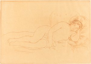 女性ヌード リクライニング ファム ヌエ クシェ、1906 年。 作： Pierre Auguste Renoir
