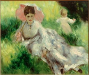 傘と日当たりの良い斜面に子供を持つ女性 作： Pierre Auguste Renoir