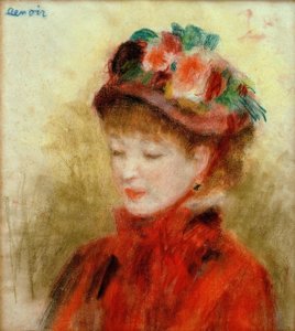 花と帽子の若い女性 作： Pierre Auguste Renoir