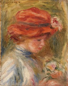 赤い帽子の若い女性 作： Pierre Auguste Renoir