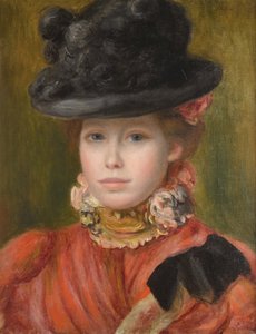 Jeune fille au chapeau noir et fleur rouge - 黒い帽子と赤い花の少女 by Renoir, Pierre Auguste (1841-1919), c. 1890 - 油彩・キャンバス - Private Collection 作： Pierre Auguste Renoir