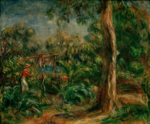 大きな木。 Caの庭で赤い胴着を持つ女性 作： Pierre Auguste Renoir