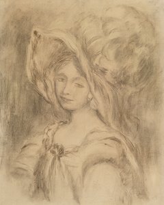 Mme Dieterle in a Hat、c.1896（木炭） 作： Pierre Auguste Renoir