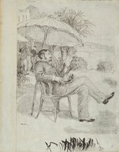 ボルディゲーラのホテルのテラスで: 画家ジャン・マルタンが請求書を検討する (エドモン・ルノワールの「レチケット」の挿絵) 作： Pierre Auguste Renoir