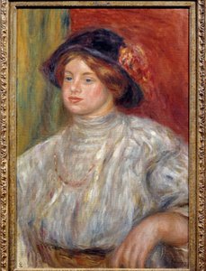 シャポーをつけたガブリエルの肖像」 ガブリエル・ルナール（1879-1959）は、画家の息子ジャン・ルノワール（1894-1979）の看護師でした。ピエール・オーギュスト・ルノワール（1841-1919）の絵画 作： Pierre Auguste Renoir