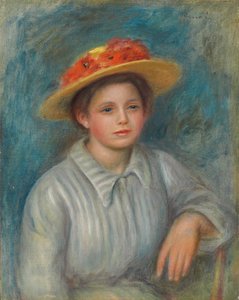 花のついた帽子を持つ女性の肖像画。花の帽子の女性の肖像、c.1890
