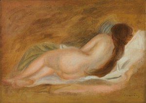 眠っているヌード、背面図、黄土色の背景。黄土色の背景の後ろから見た裸の層、1885年