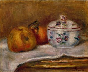 シュガーボウル、アップル、オレンジ（キャンバスに油彩） 作： Pierre Auguste Renoir