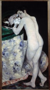 少年が猫に。ピエール・オーギュスト・ルノワール（1841-1919）の絵画 作： Pierre Auguste Renoir