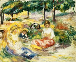 草の上に座っている3人の女の子。芝生の上に座っている3人の少女、1896-1897年 作： Pierre Auguste Renoir