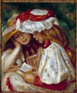 ピエール・オーギュスト・ルノワール（1841-1919）の「読書する二人の少女」の絵 作： Pierre Auguste Renoir