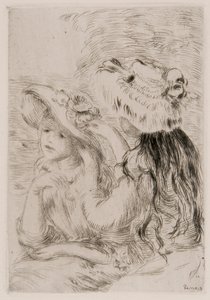 帽子に花を留める 2 人の少女、c1897。 作： Pierre Auguste Renoir