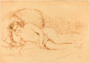 女性のリクライニング ファム カウチ、1906 年。 作： Pierre Auguste Renoir