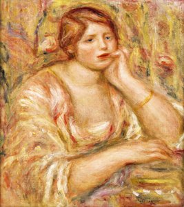 彼女の顔に手を持つ女性。ファムドフェイス、アコーディー、1919 作： Pierre Auguste Renoir