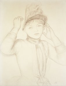 若い女性が彼女の帽子を配置します。帽子を編む少女、1885年 作： Pierre Auguste Renoir