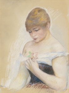 花を保持している若い女性。女優ジャンヌ・サマリーの肖像、c。 1880 作： Pierre Auguste Renoir