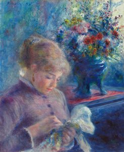 裁縫をする若い女性、1879 年。 作： Pierre Auguste Renoir