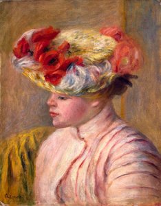 花の帽子をかぶった若い女性、1892年。 作： Pierre Auguste Renoir
