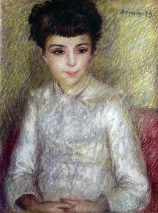 手を組んで座っている若いブルネットの女の子 作： Pierre Auguste Renoir