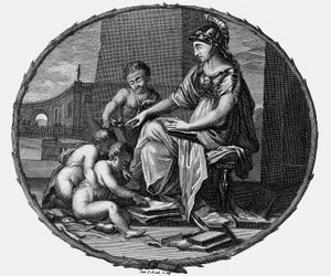 子供たちに囲まれた理性と創造性の女性の寓意、1695-1697年（エングレーヴィング）