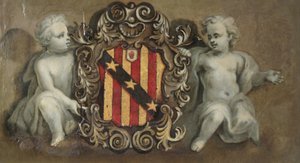 エルトンの紋章が描かれたカルトゥーシュを支える2人のプッティ 1710年～20年頃（石膏に油彩 作： Pierre Berchet