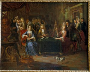 リビングルームでトランプをしている貴族のカードプレイヤー。 ピエール・ベルゲーニュ (1652-1708) の絵画 1699 年アラス、美術館 作： Pierre Bergaigne