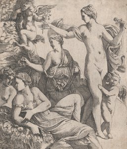 三美神と並んで立っているヴィーナスは、1607-61 年のプットから花を提供されます。 作： Pierre Biard