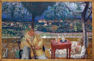 庭で（プロヴァンスでの会話）。ヨゼフ・パンキエヴィッチ（1866-1940、ポーランドの画家）とマルト・ド・メリニー（旧姓：マリア・ブルサン）の肖像画付き。 作： Pierre Bonnard