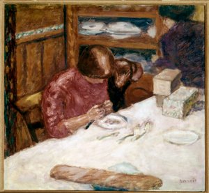 内観 家庭内の斑点に忙しい女性。ピエール・ボナール（1867-1947）による絵画 1914年 個人蔵
