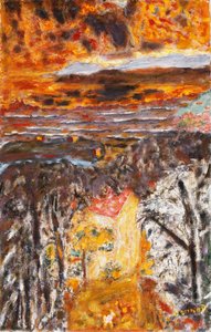 風景、ピンクの家、日没;風景、ラメゾンローズ、サンセット、1934年頃（キャンバスに油彩） 作： Pierre Bonnard