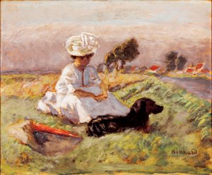 マダムボナール画家の妻は犬との衝突の中で座っています。ピエールボナールの絵画 作： Pierre Bonnard