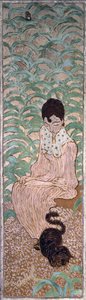 1891年の庭の女性たちの4つのパネルの1つ、猫と一緒に座っている女性（キャンバスに油彩） 作： Pierre Bonnard