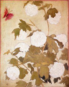 雪割草の花 雪割草（ビバーナム・オブ）と赤い蝶。ピエール・ボナール（1867-1947）の絵画 コレクション P.M.Samuel 作： Pierre Bonnard