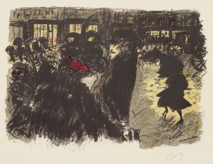 パリ生活の諸相7 夕方の広場」1898年頃（織紙に黄、赤、紫、緑灰色のリトグラフ 作： Pierre Bonnard
