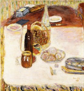 赤ワインのボトルのある静物 作： Pierre Bonnard