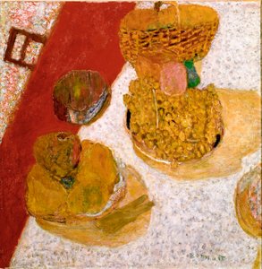 テーブルコーナー 果物の静物。ピエール・ボナール（1867-1947）の絵画 1935年 薄暗い。67x63,5 cm パリ、国立近代美術館 作： Pierre Bonnard